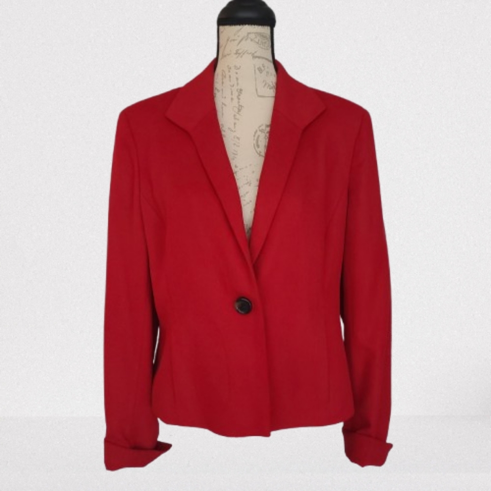 Vintage Anne Klein Wool Angora Blend Single Button Blazer Jacket Red Wmn's 14